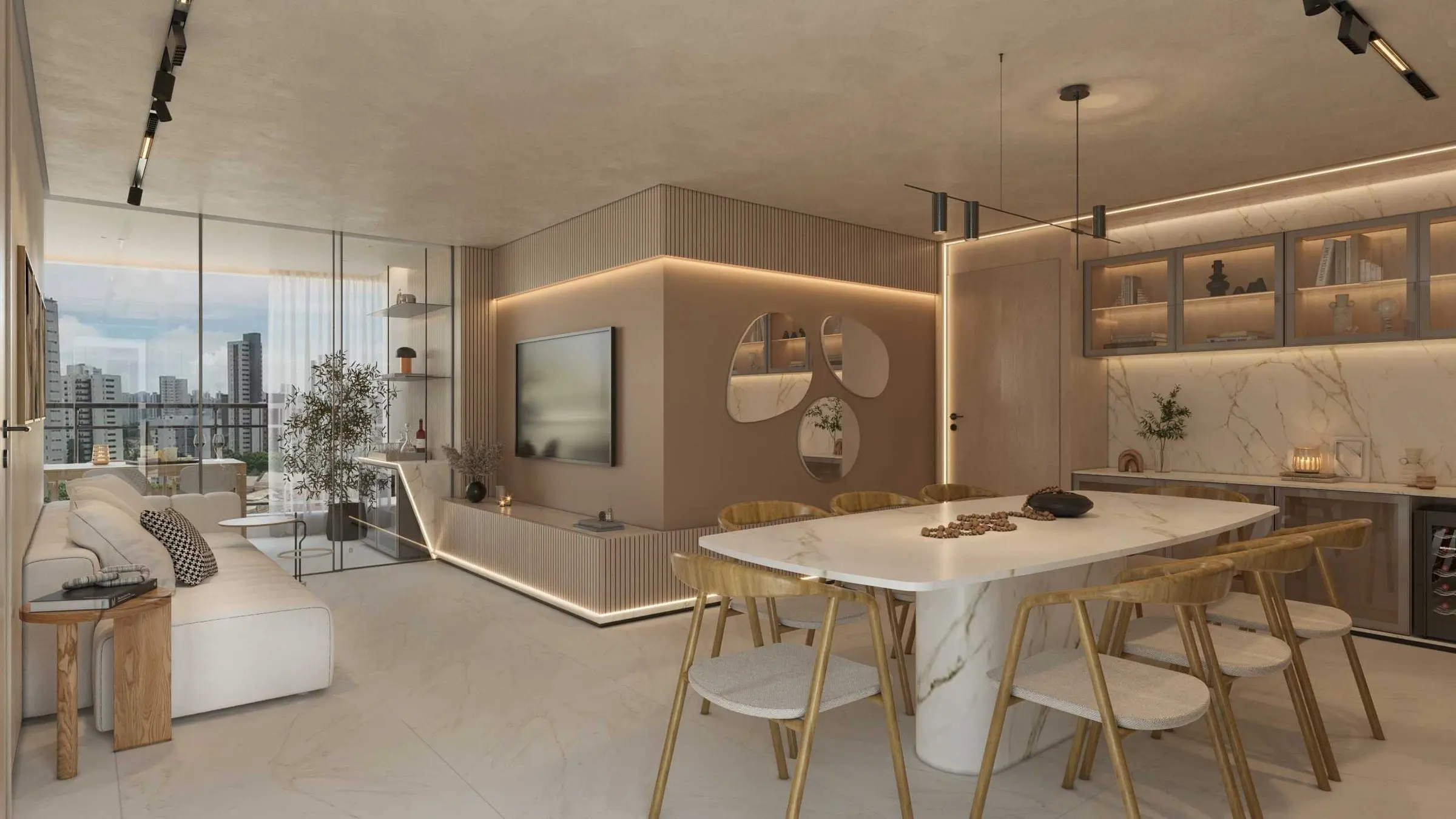Imagem 3D: jantar com mesa de mármore, painel ripado e vista da cidade