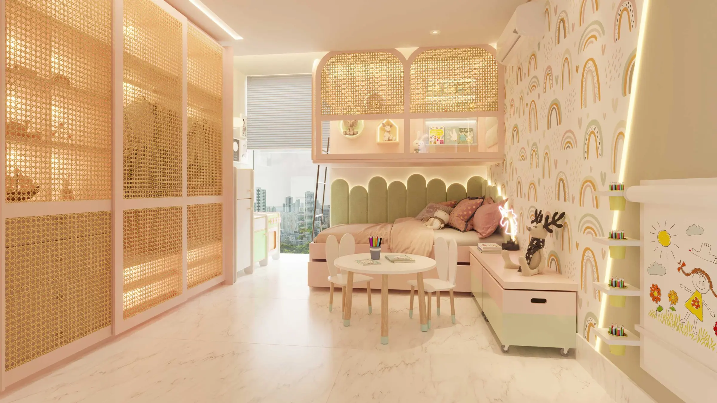 Imagem 3D: quarto infantil com armários de palhinha e papel de parede de arco-íris