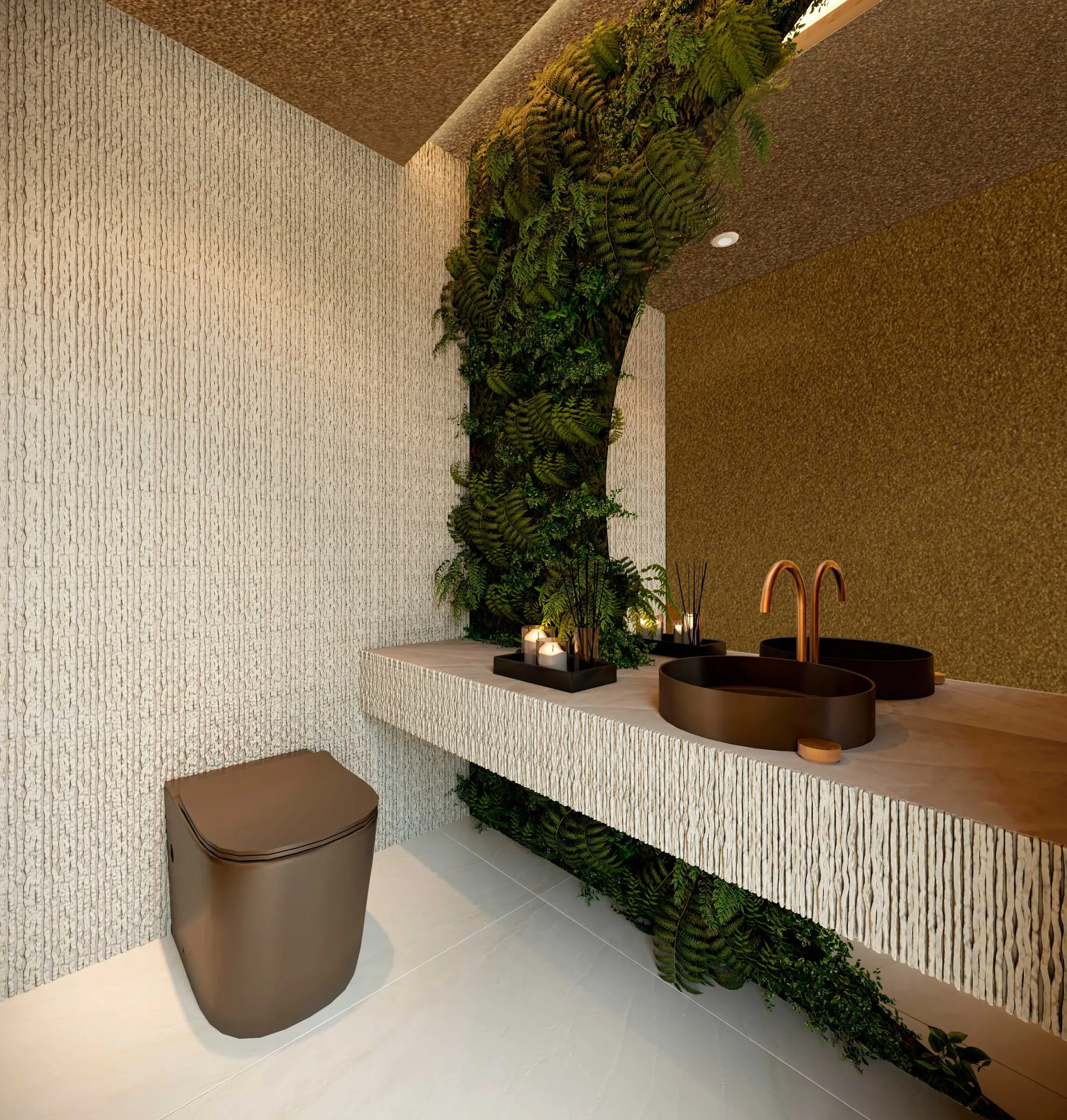 Imagem 3D: lavabo com jardim vertical e cuba de cobre