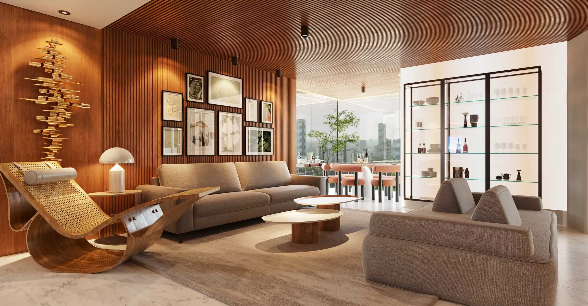 Imagem 3D: living com forro ripado de madeira e chaise curva