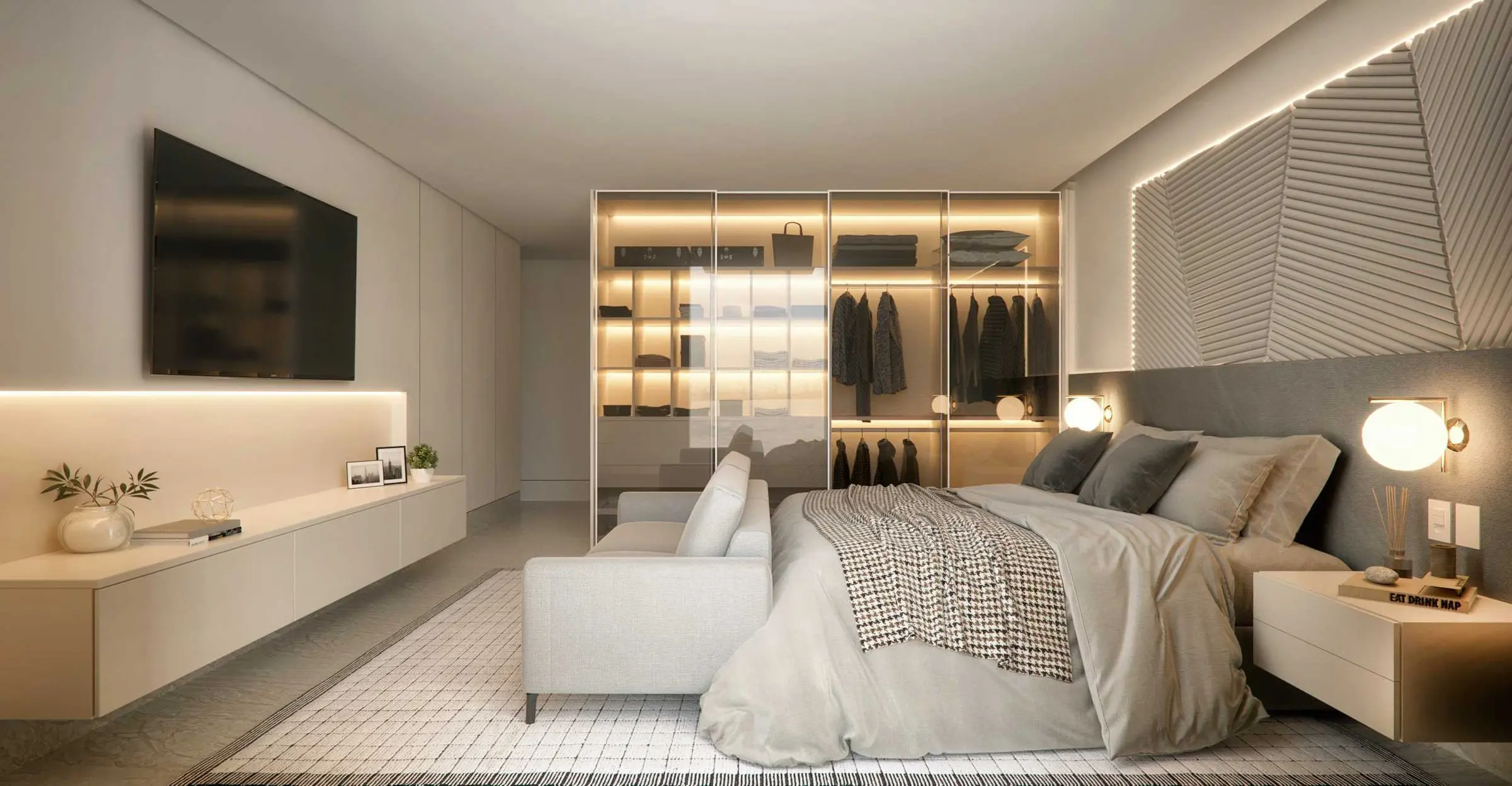Imagem 3D: suíte com cabeceira em relevo e closet de vidro iluminado