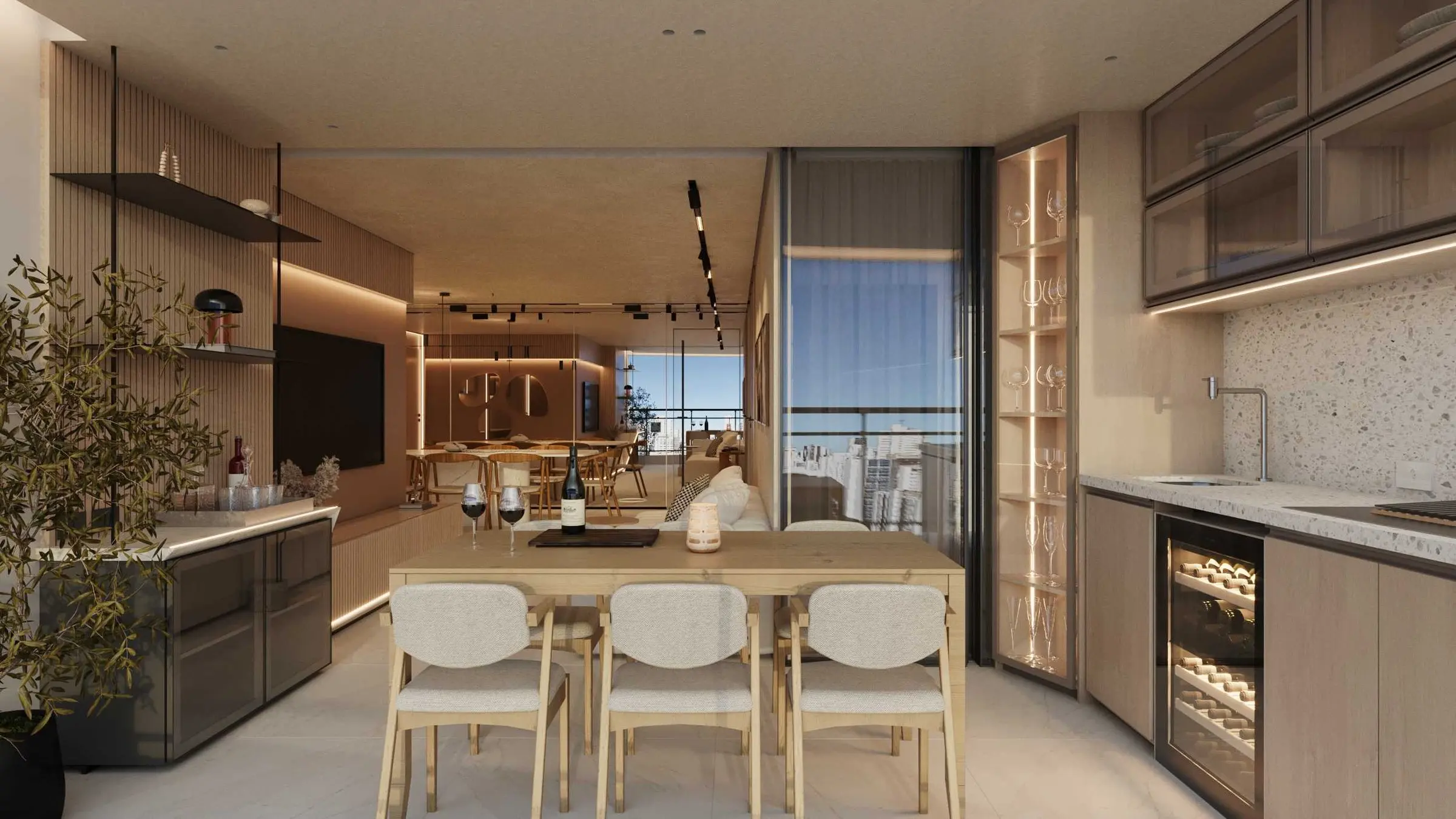 Imagem 3D: cozinha aberta com adega e mesa de madeira