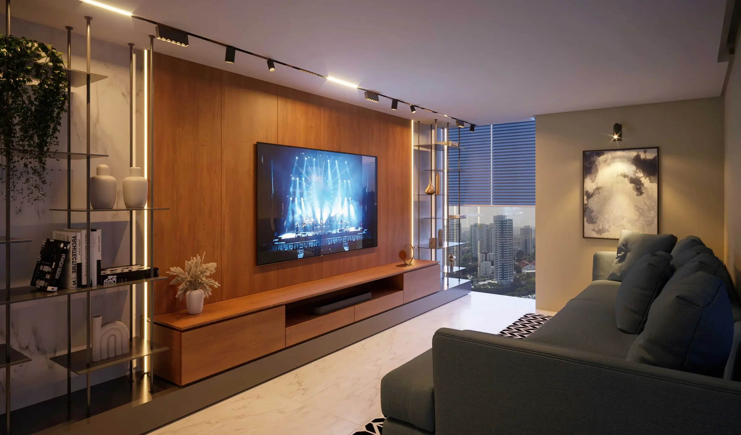 Imagem 3D: sala de TV com painel de madeira e vista da cidade