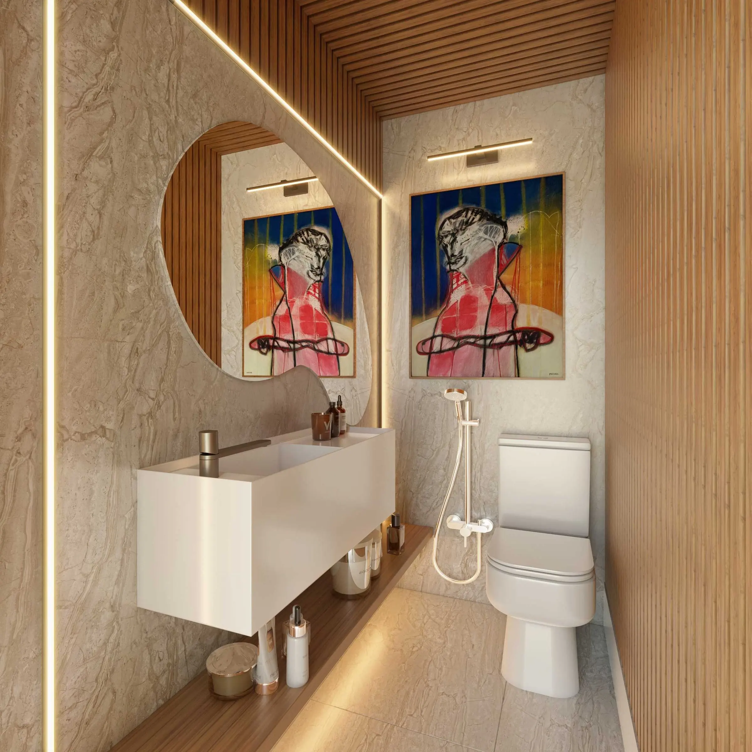 Imagem 3D: lavabo com espelho orgânico e quadros coloridos