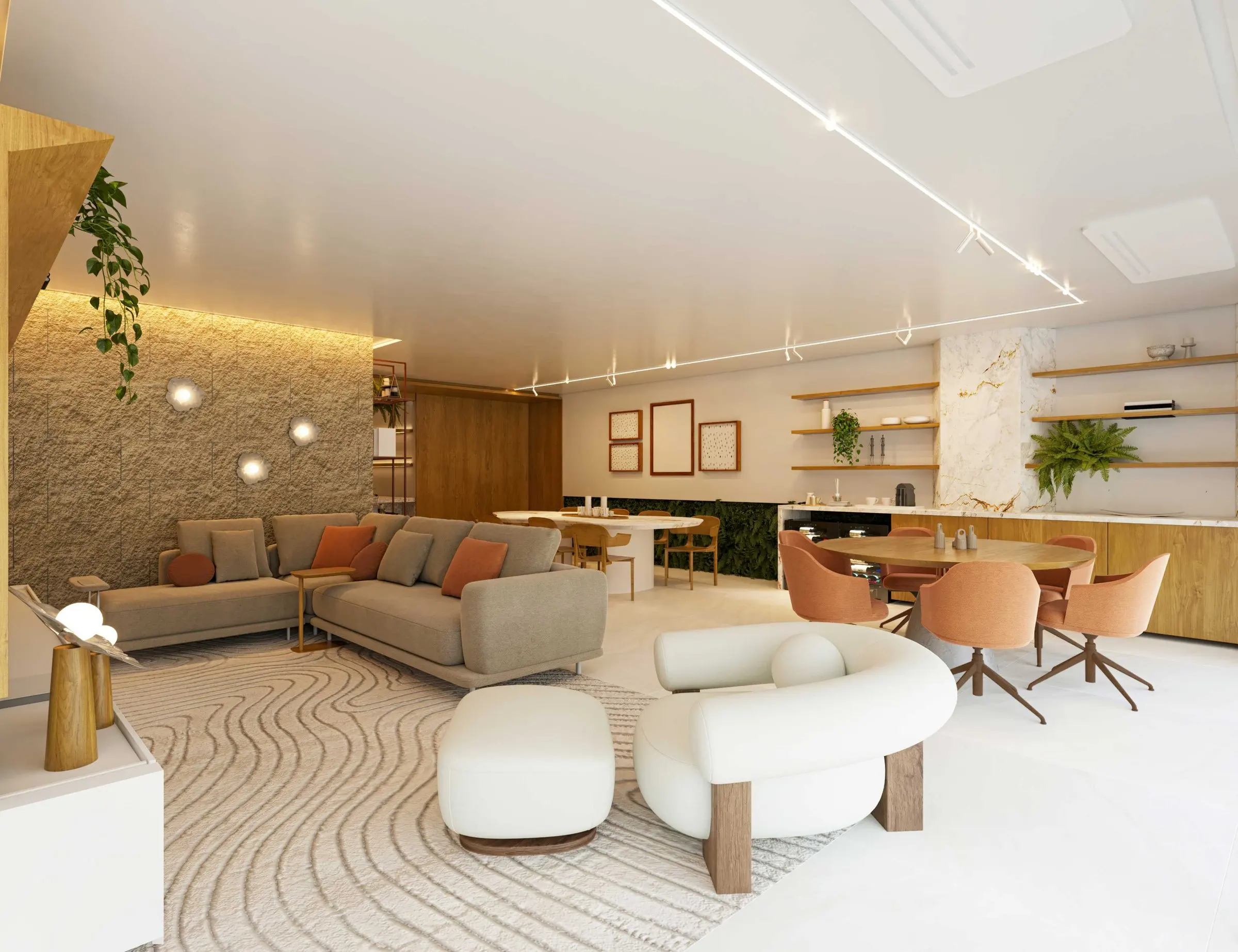 Imagem 3D: estar com poltronas curvas e tapete ondulado