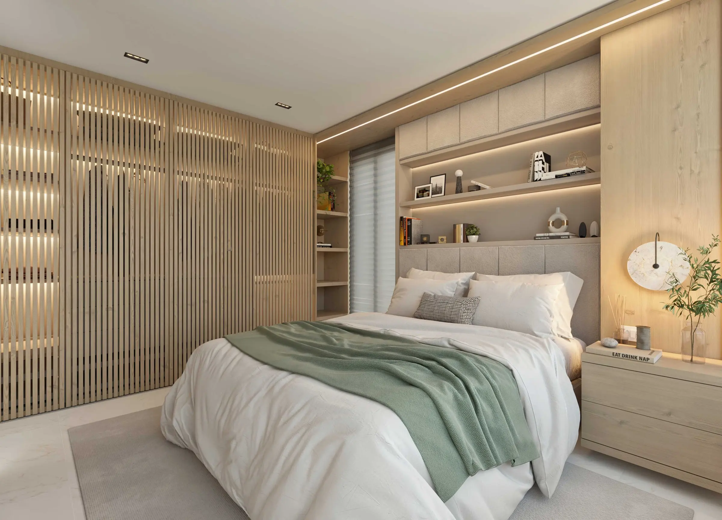 Imagem 3D: quarto com armário ripado e manta verde