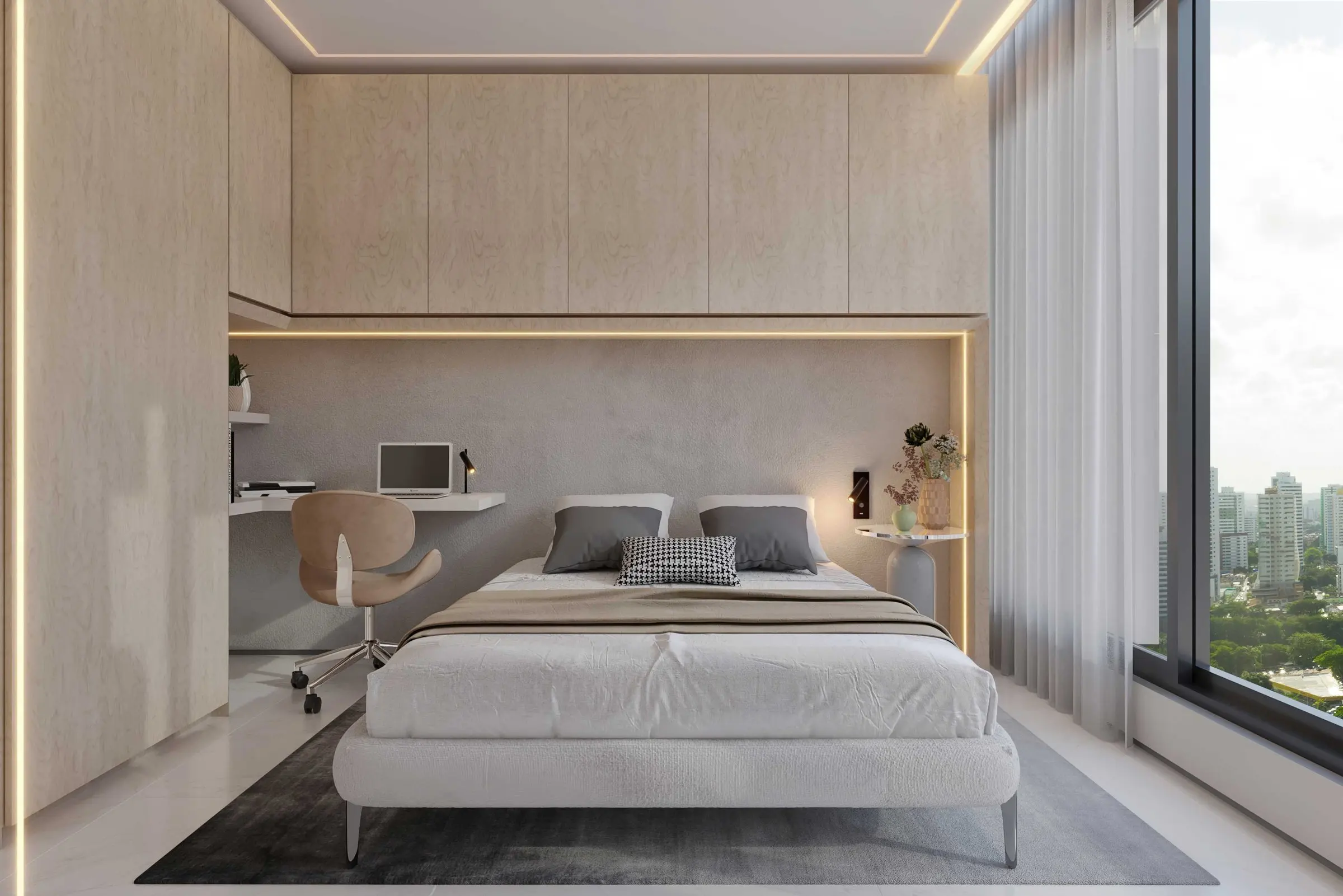 Imagem 3D: quarto com escrivaninha integrada à marcenaria