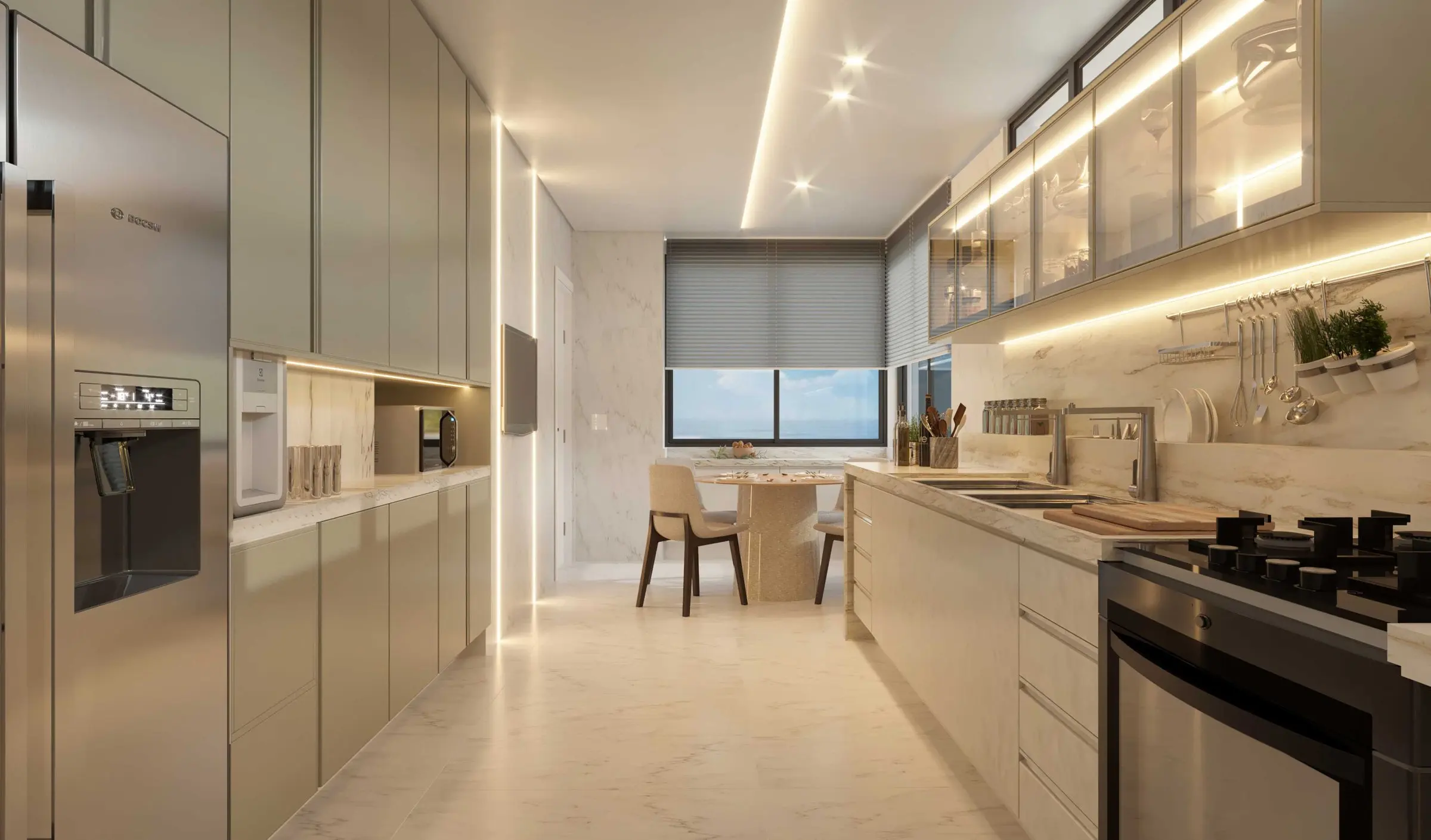 Imagem 3D: cozinha clara com armários altos e iluminação linear