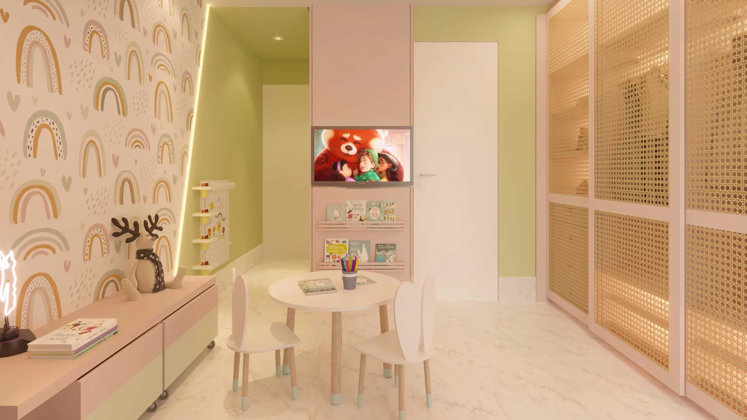 Imagem 3D: área de brincar com mesinha e prateleiras