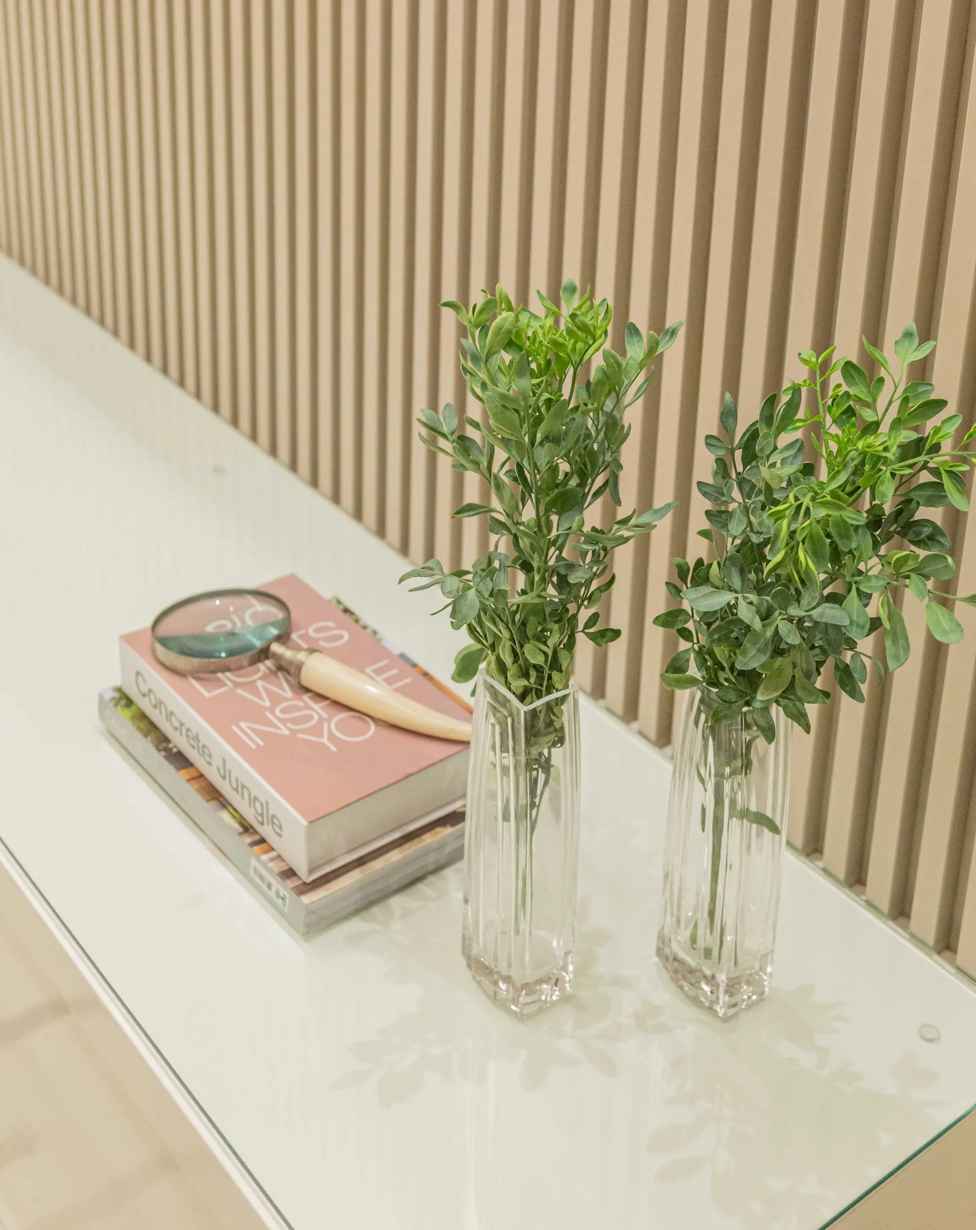 Detalhe de livros e plantas sobre bancada de vidro